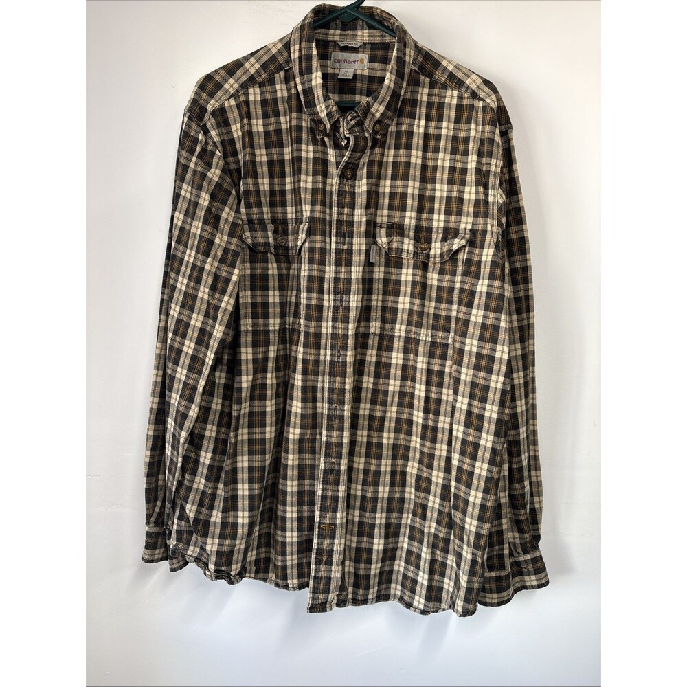 Carhartt 2 Pocket Brown Plaid Button Down Shirt XL Tall Relaxed Fit